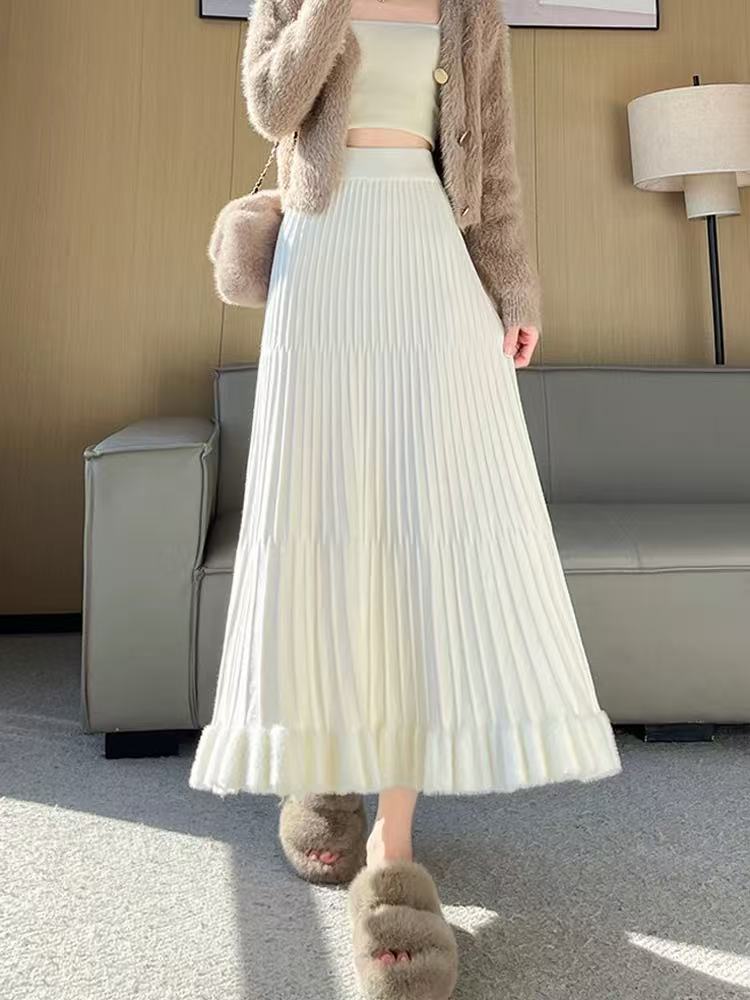 浅白色长款针织鱼尾半身裙女秋冬季高腰a字包臀步步生莲空挡长裙