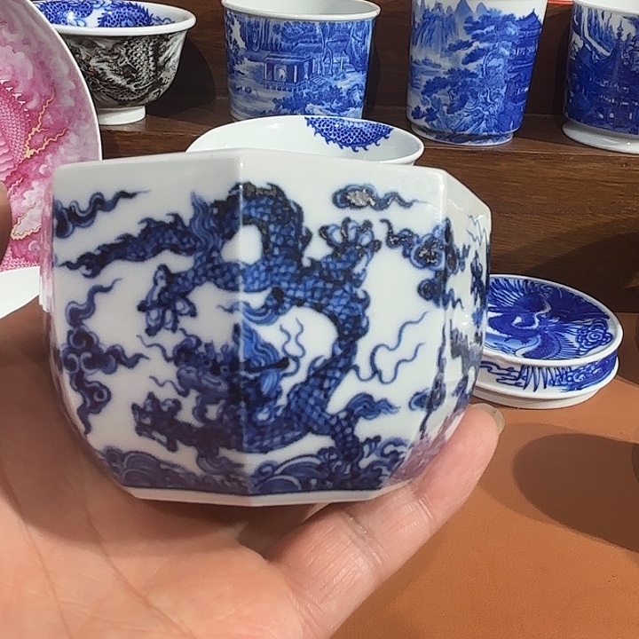 没***达青花手工手绘八方杯