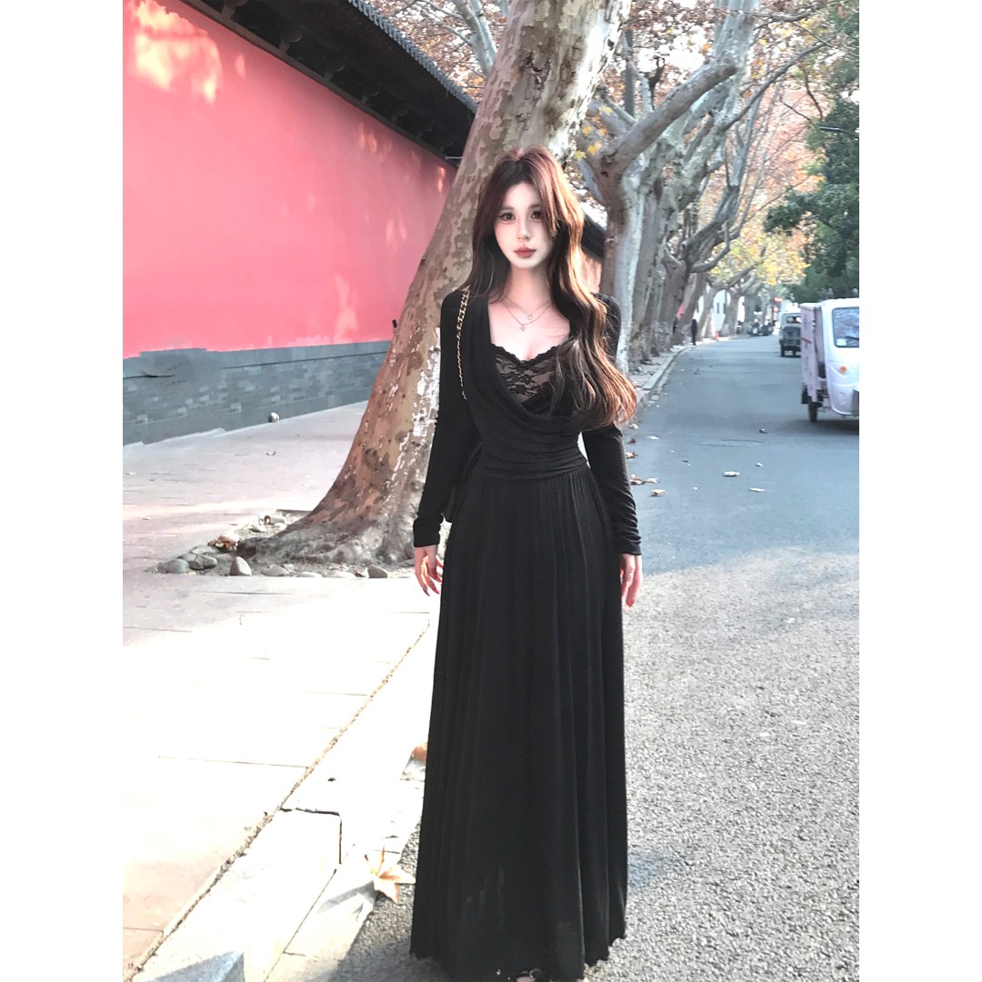 Mejiu蜜九【夜纱密影】显瘦纯欲女人修身长款设计感小众连衣裙