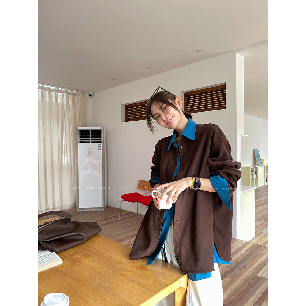 JCCC影子【墨咖深海】咖色撞色拼接假两件廓形中长款衬衫JE5BAC11