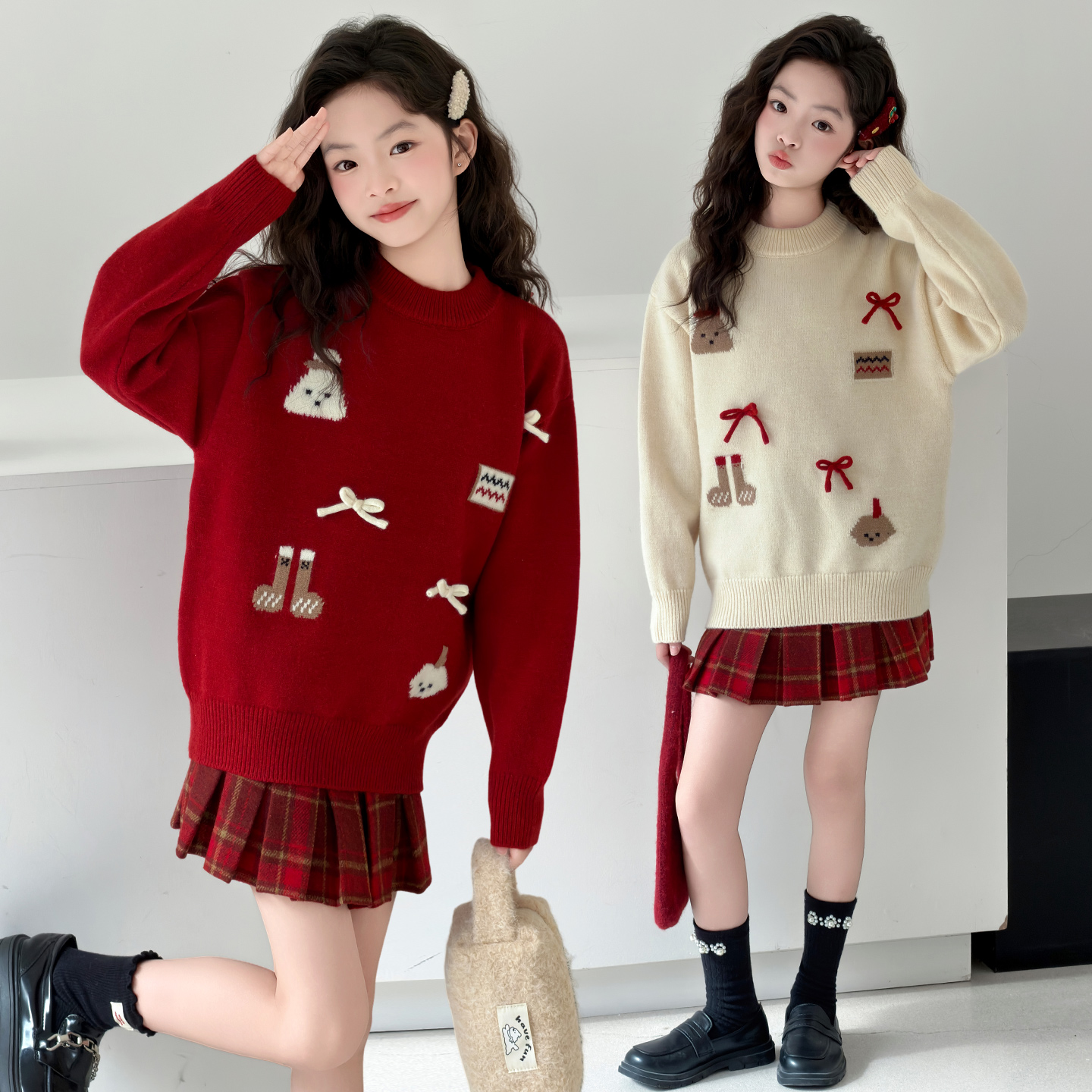 女童红色毛衣套装2025秋冬新款圣诞穿搭针织两件套大童女孩拜年服
