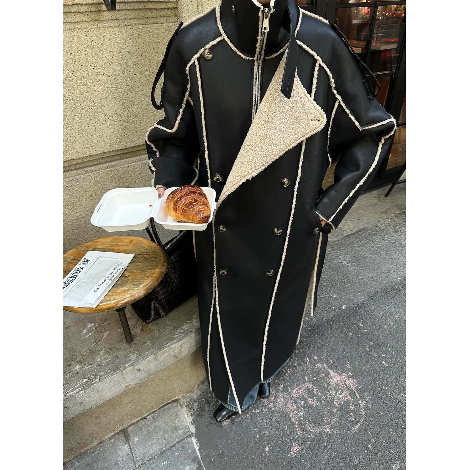 【皓夜】冬季新款加厚黑色锁边设计长款皮毛一体皮衣外套女