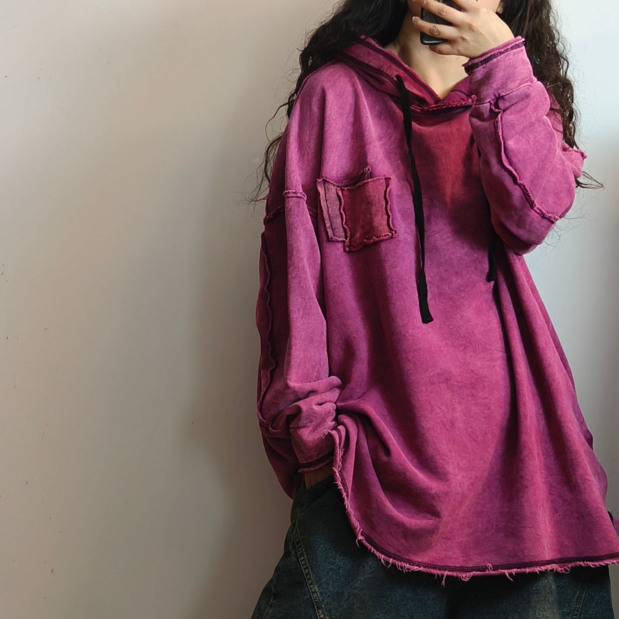 虞姑娘推荐  炒色做旧毛圈双兜连帽长卫衣【衣长80左右胸围140】