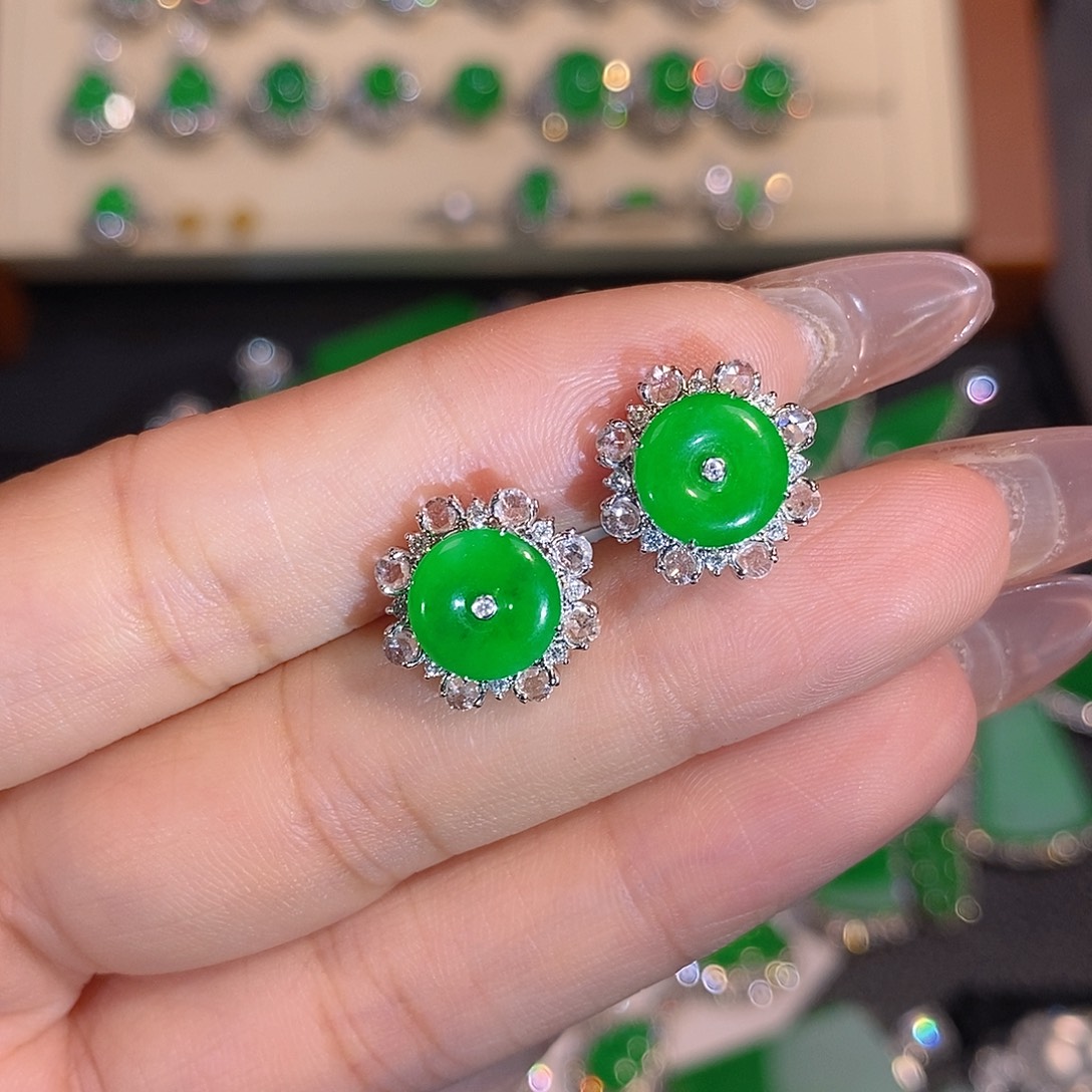 翡翠18K金镶嵌吊坠(不含链)平安扣耳钉