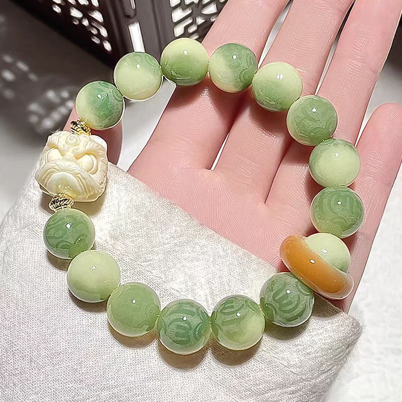 文玩纯天然高端定制小清新六字真言醒狮青柠菩提男女佛珠FS-338