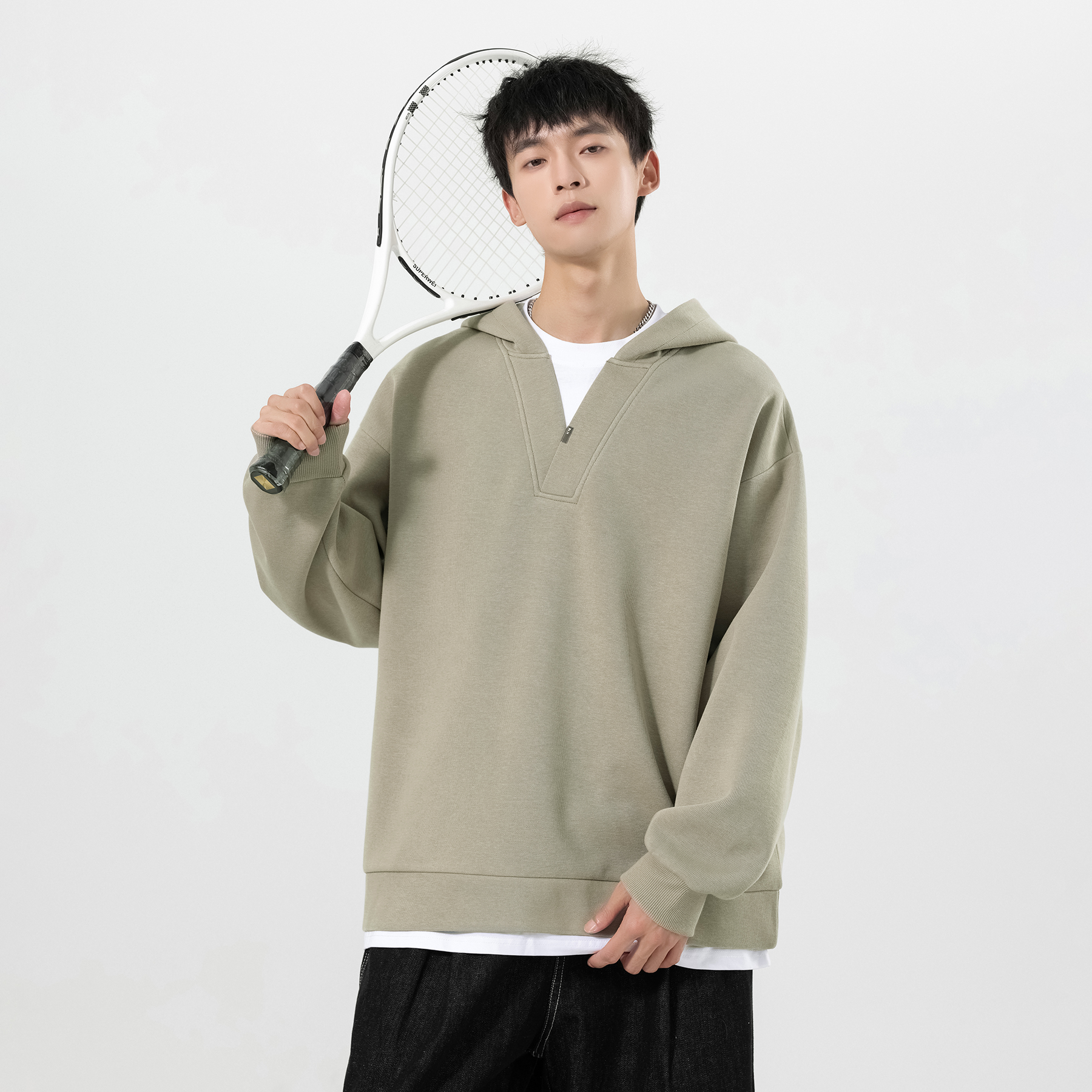 2025美式重磅v领连帽卫衣男士潮牌秋季宽松设计感百搭休闲卫衣