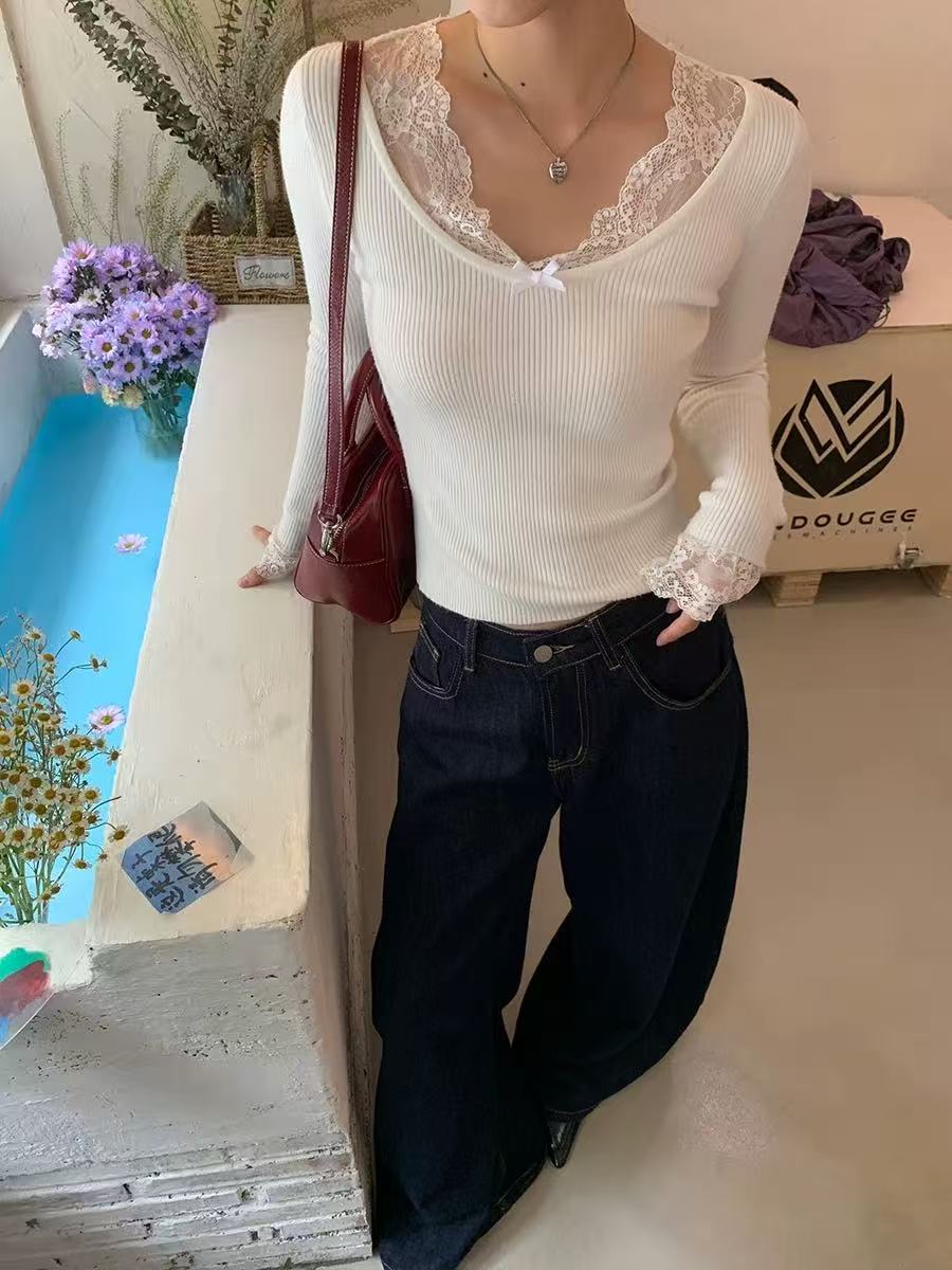 C14-2/C15-2两色“蕾丝边蝴蝶结”加绒长袖上衣