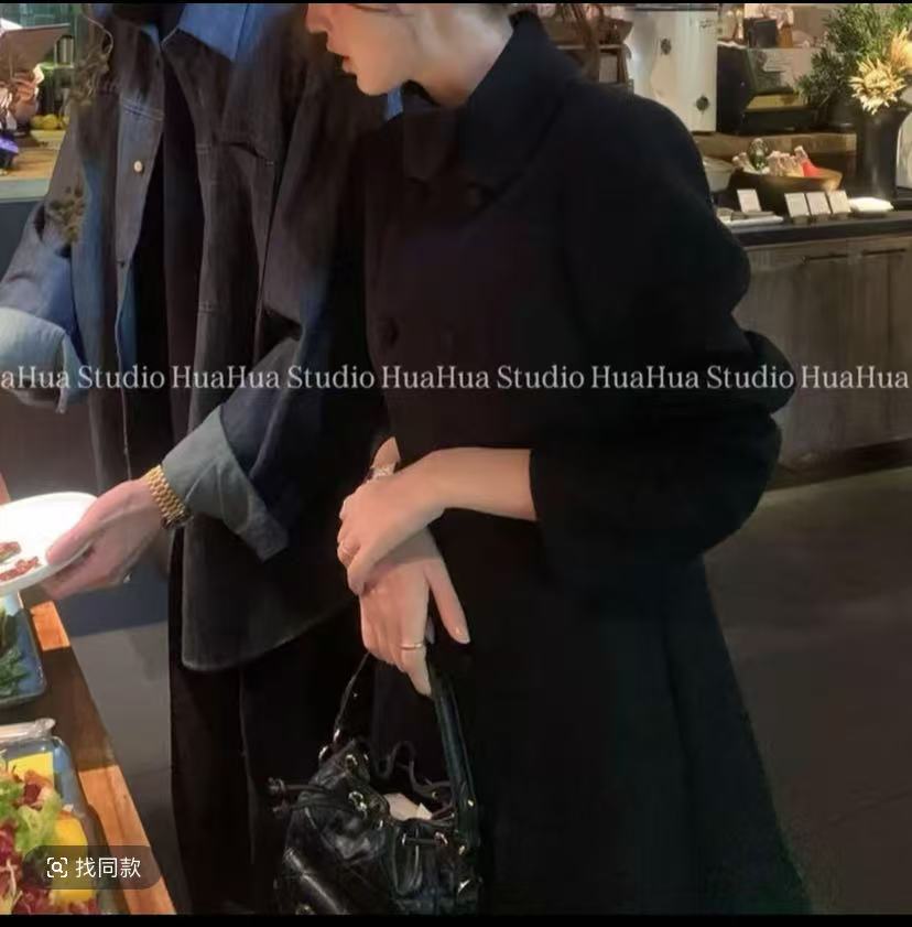 花花奥黛丽~韩版小翻领分割线双排扣小香风设计感毛呢