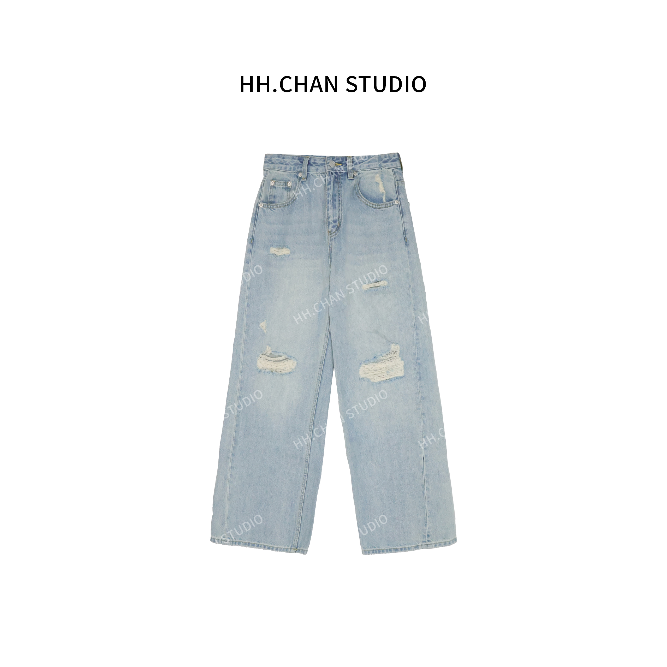 HH.CHAN“春浅”100%棉直筒做旧破洞牛仔裤TTA-6989
