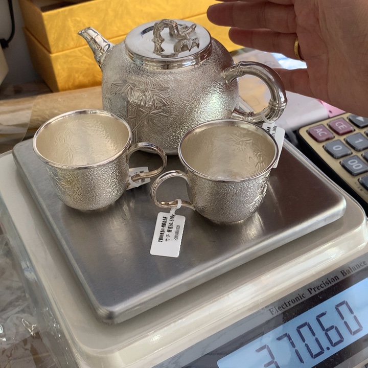 足银999竹子图一壶两杯