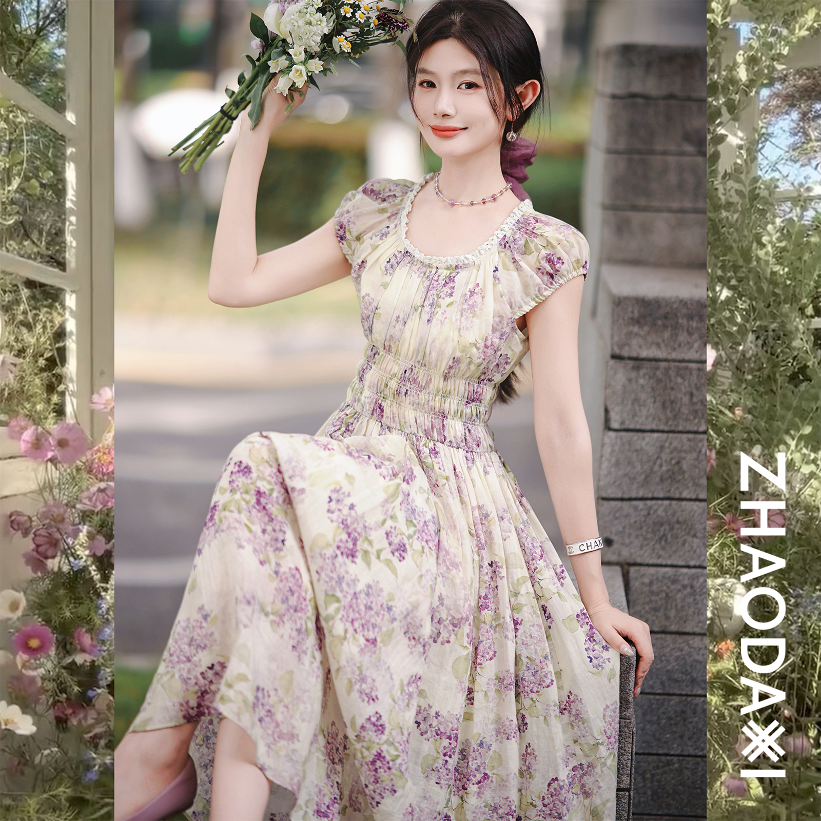 【赵大喜】现货！Flower连衣裙 | 天,丝苎,麻花边领收腰A字摆