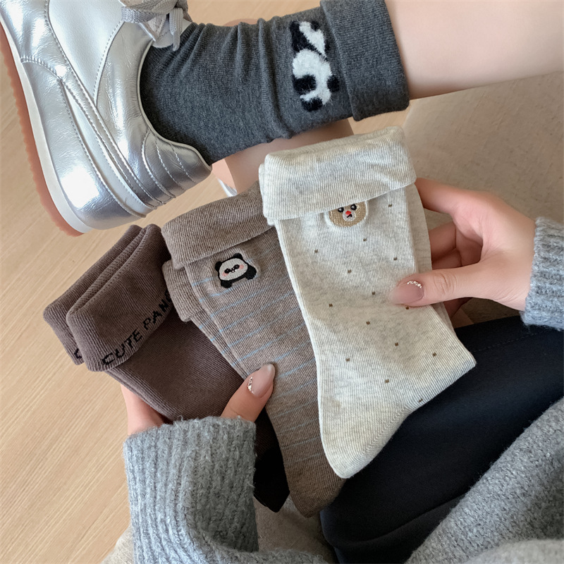 秋冬款翻边袜子女中筒ins潮可爱熊头刺绣棉袜堆堆袜无骨百搭女袜