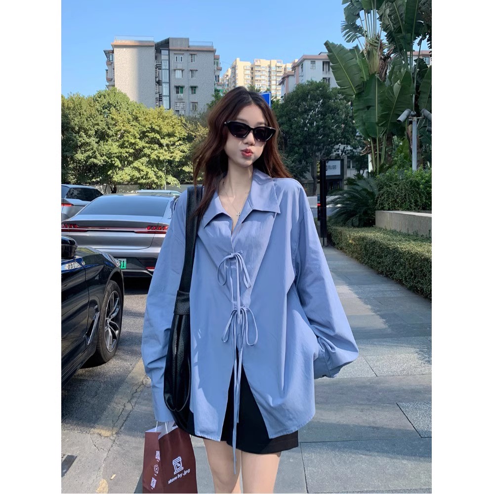 慵懒风蝴蝶结系带长袖衬衫女春夏季防晒休闲宽松翻领中长款上衣