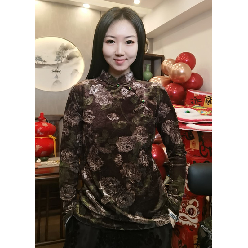 【国潮美学】复古气质斜襟盘扣小衫蔷薇锦簇新中式长袖打底衫902