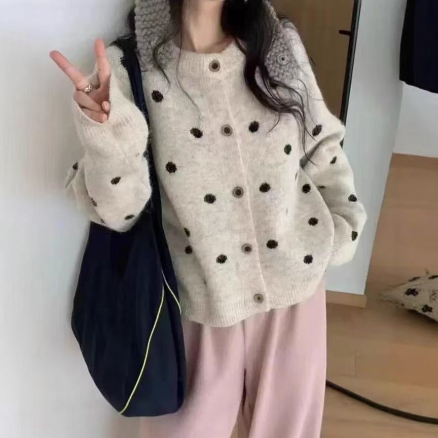 韩版圆领波点针织开衫女2025秋冬新款软糯宽松百搭慵懒风毛衣外套