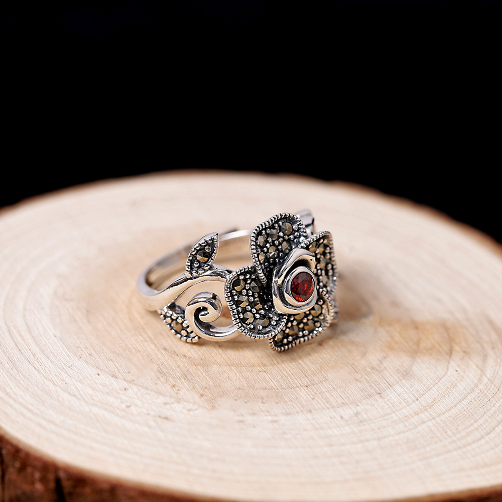 925银戒指 s925银马克赛石玫瑰花戒指时尚复古女式首饰