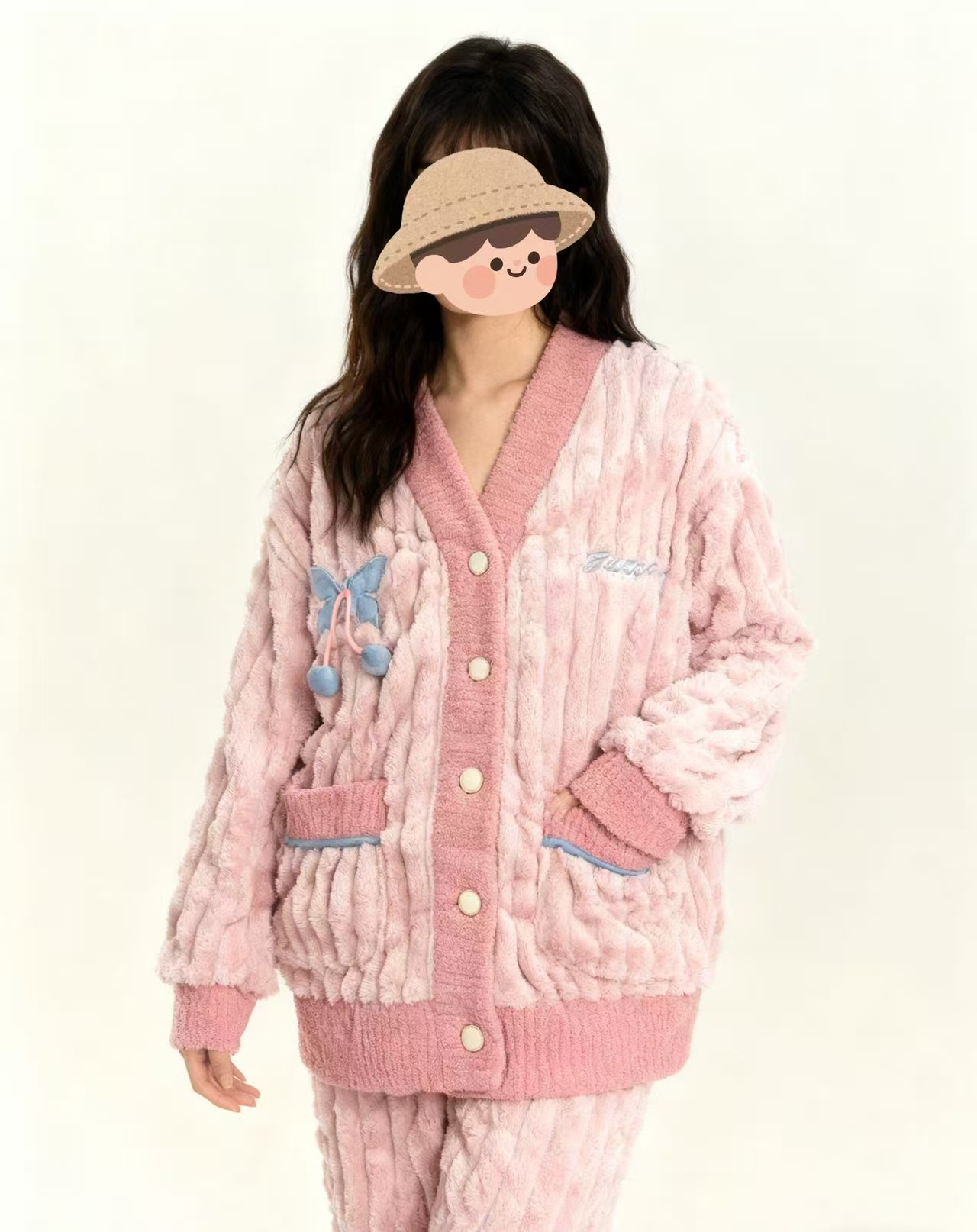 睡衣女珊瑚绒加绒加厚开衫家居服粉色套装蓝色蝴蝶