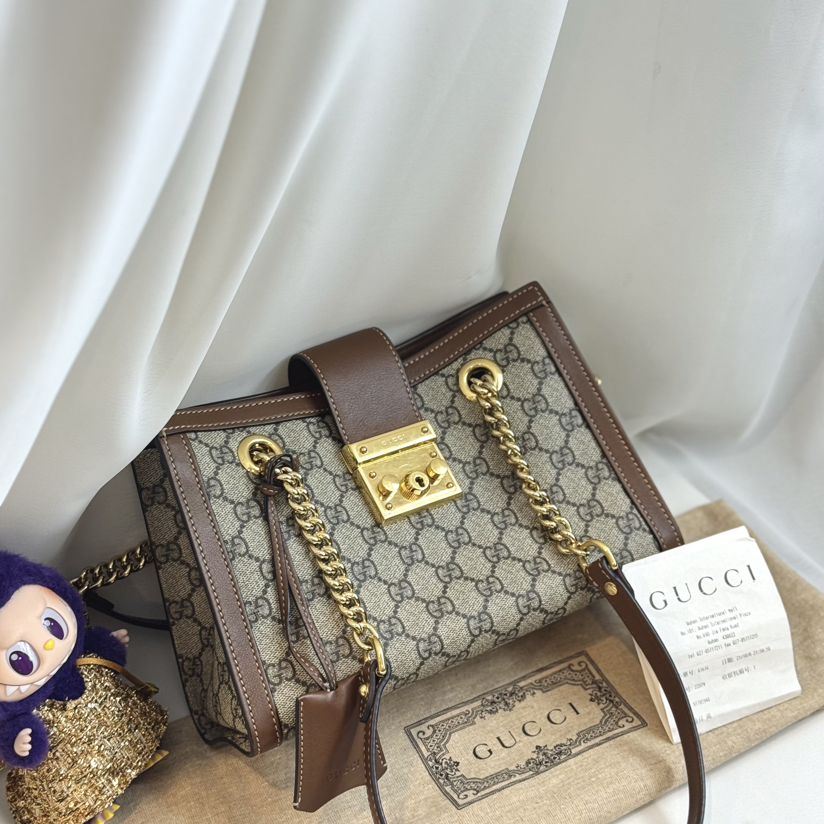 95新 GUCCI/古驰  小号焦糖色Padlock链条单肩包