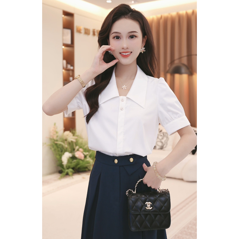 法式小香风娃娃领显瘦短袖衬衫女2025夏新款百搭气质上衣TU27950