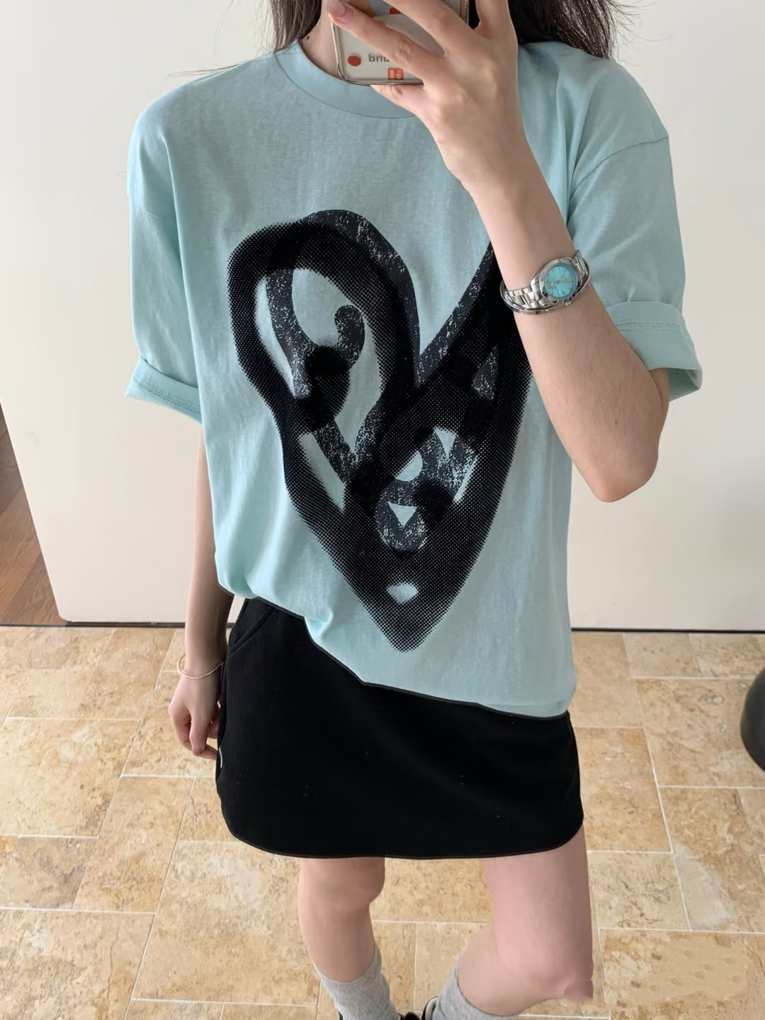 清仓A*C 洋气衣服男女款赫本风松弛慵懒爱心植绒加印爱心 T恤