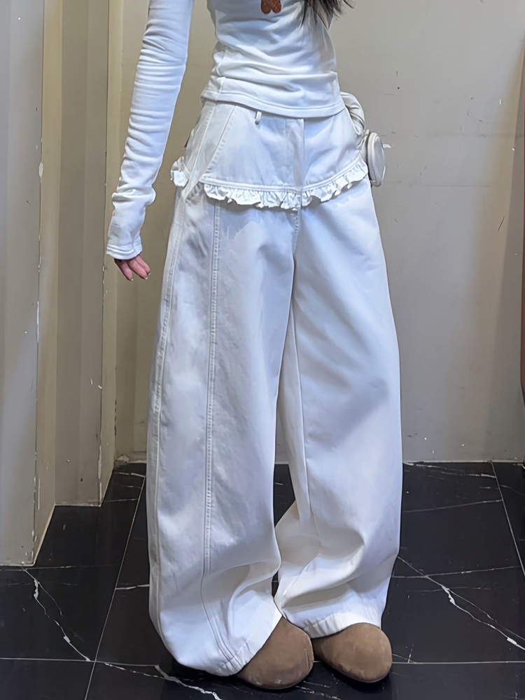 美式辣妹设计感立裁花边牛仔裤子女复古白色宽松bf慵懒风拖地长裤
