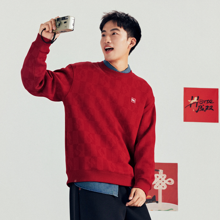 乔丹骐骥红卫衣男2026春季新圆领本命年针织套头衫QDLWD3261279B