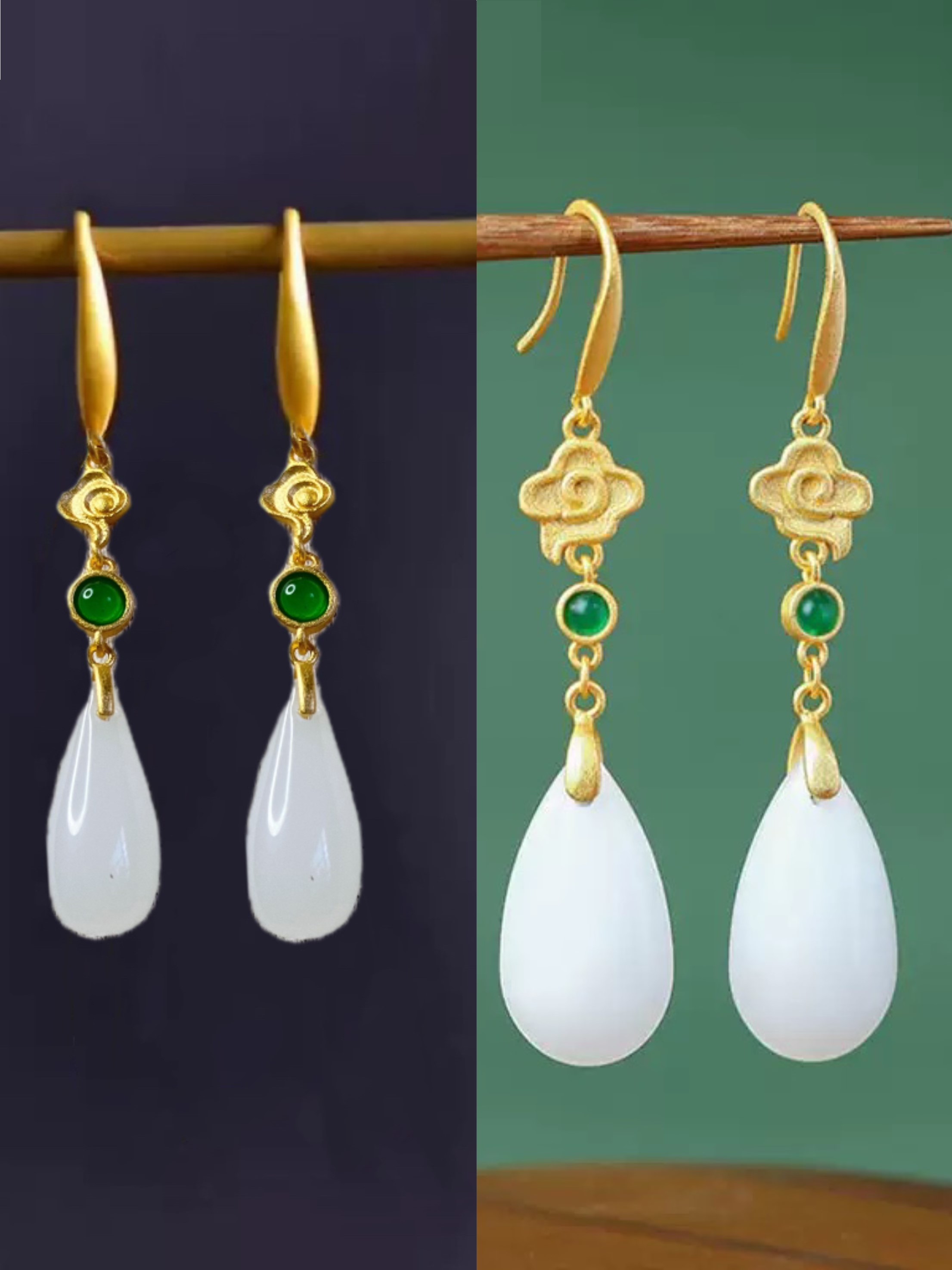 铜合金耳饰 中国风长款气质百搭玉石耳环水滴时尚配饰高级感古风