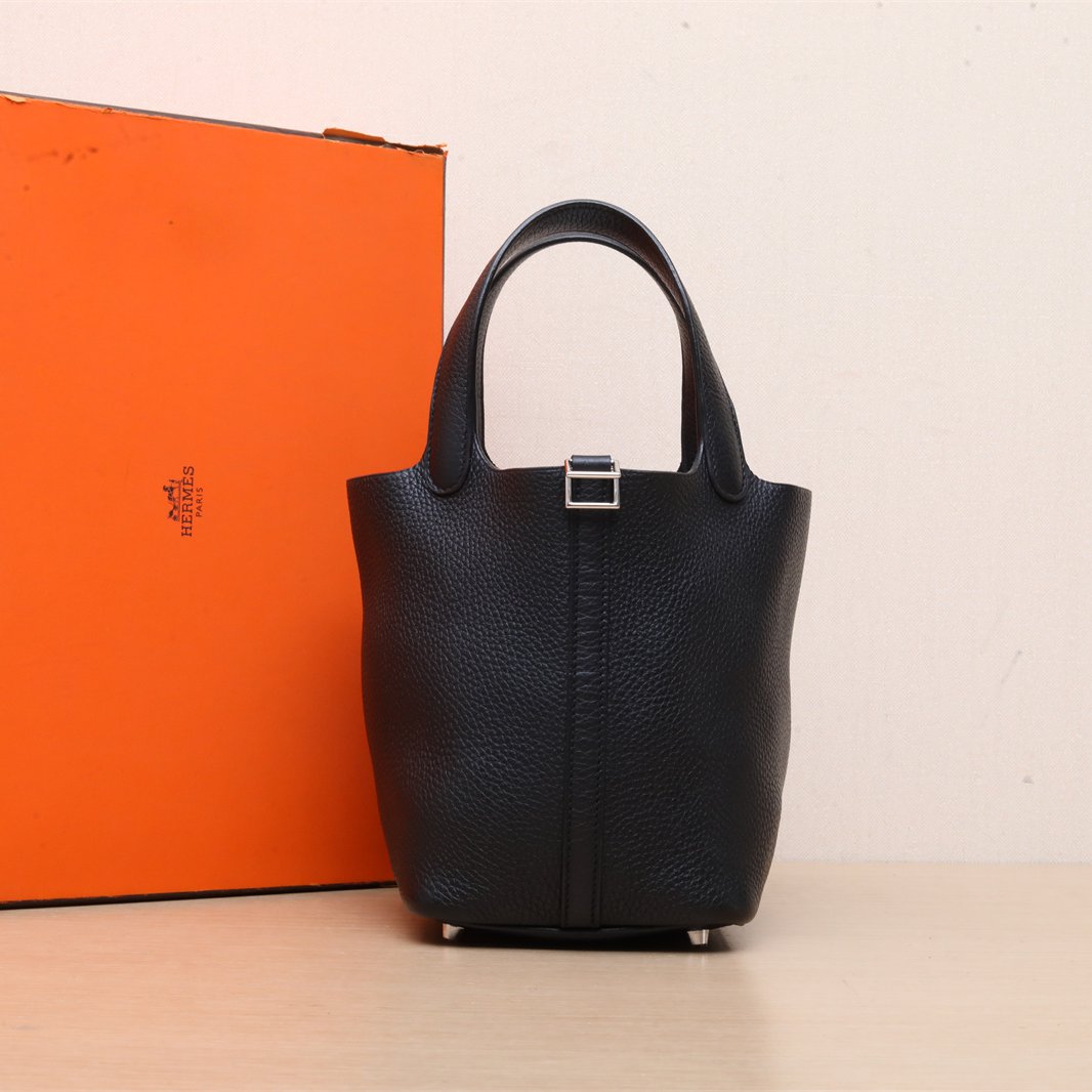 95新 Hermes/爱马仕 小花双双 菜篮子 18 黑色 TC皮 D刻 银扣 包
