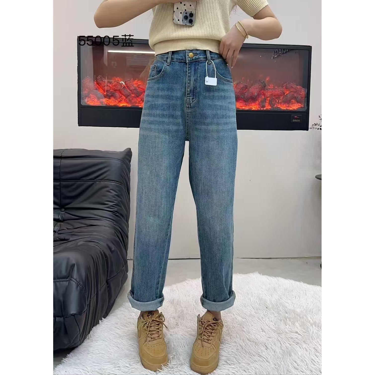 七格格推荐大码欧货高弹显瘦水洗牛仔老爹裤55005