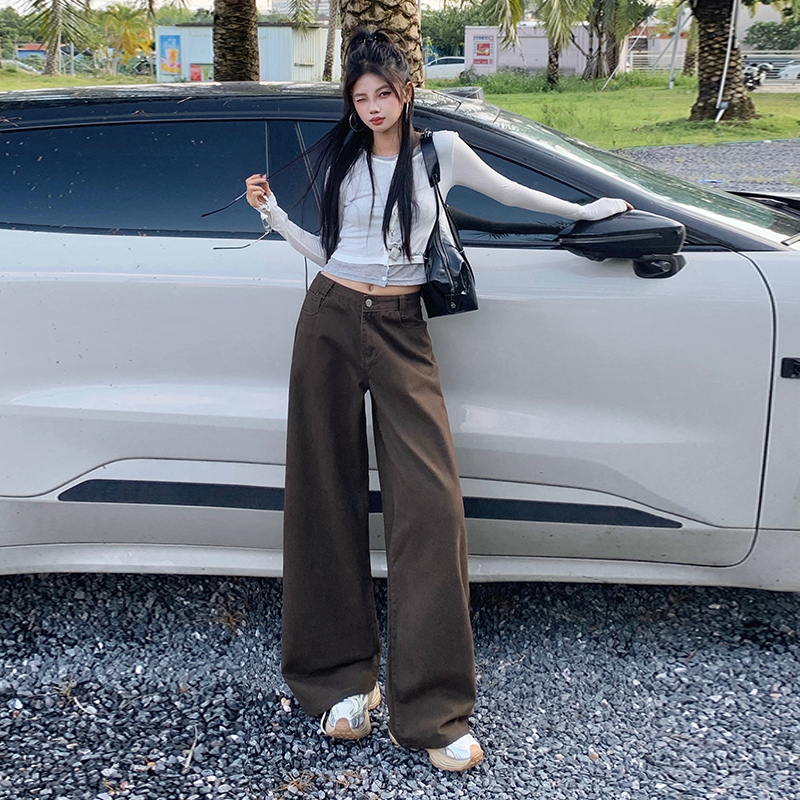 美拉德直筒牛仔长裤美式复古深棕色小众百搭阔腿高腰小个子女款