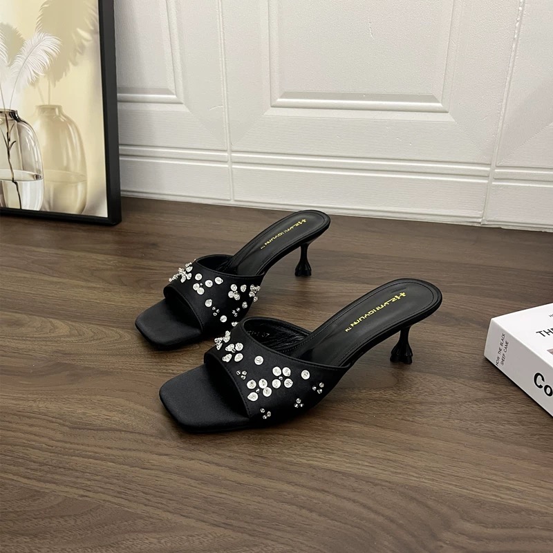 凉拖鞋女外穿2025新款夏季水钻一字小猫跟法式细跟高跟鞋Y8321-1