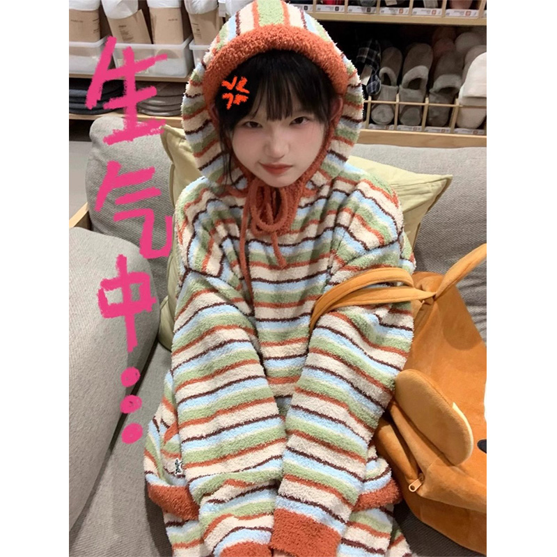 韩系多巴胺条纹半边绒连帽睡衣女冬季可爱甜美加厚保暖家居服套装