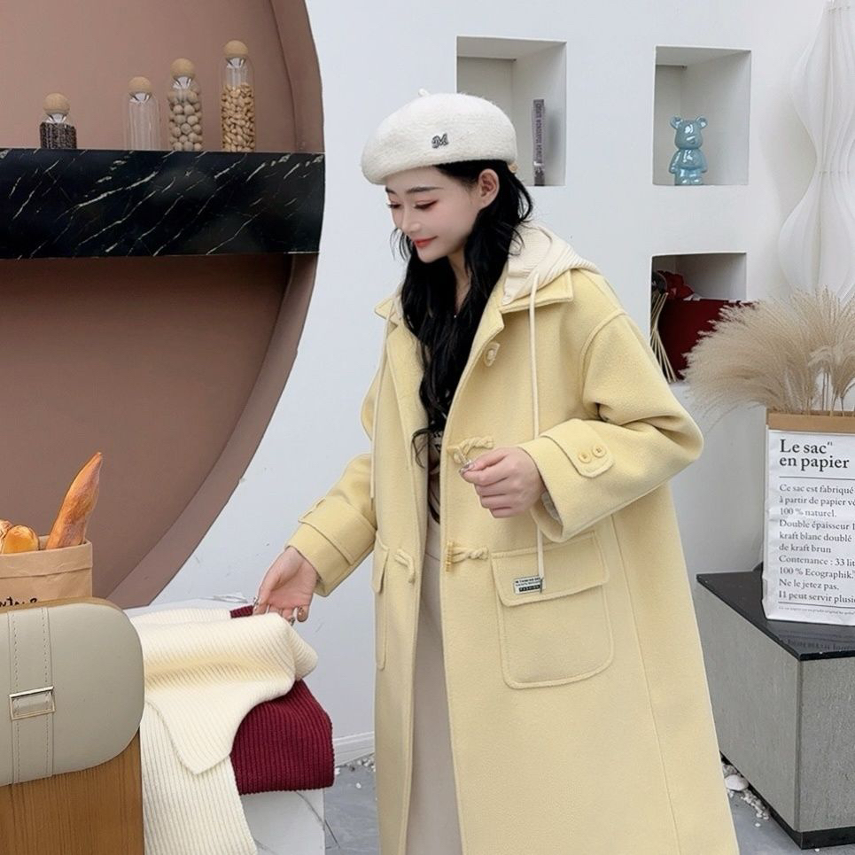 秋冬新款中长款牛角扣毛呢大衣温柔学院风外套女