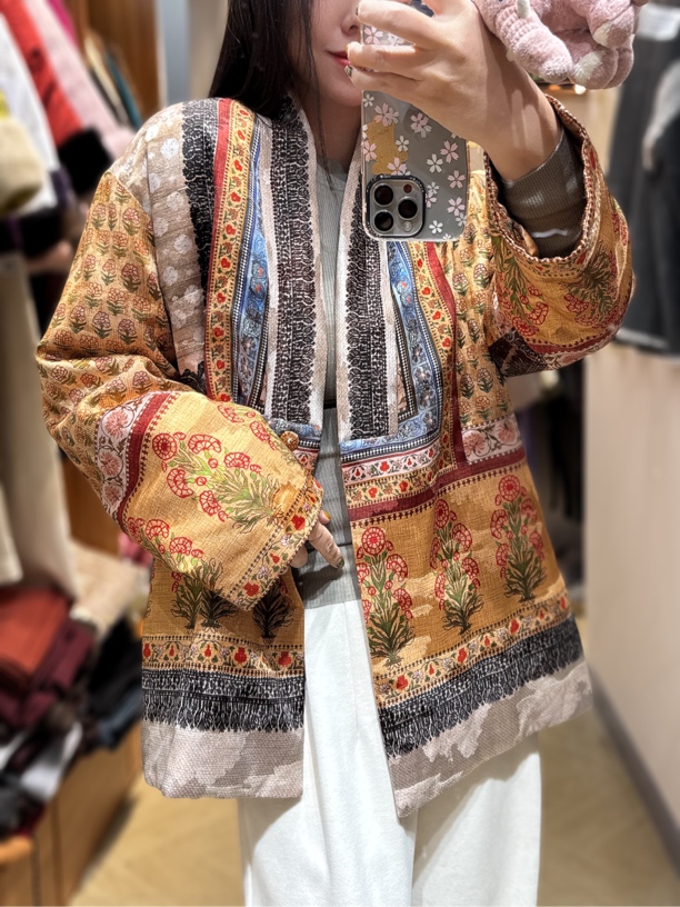 新款真丝国风鹅绒复古印花外套