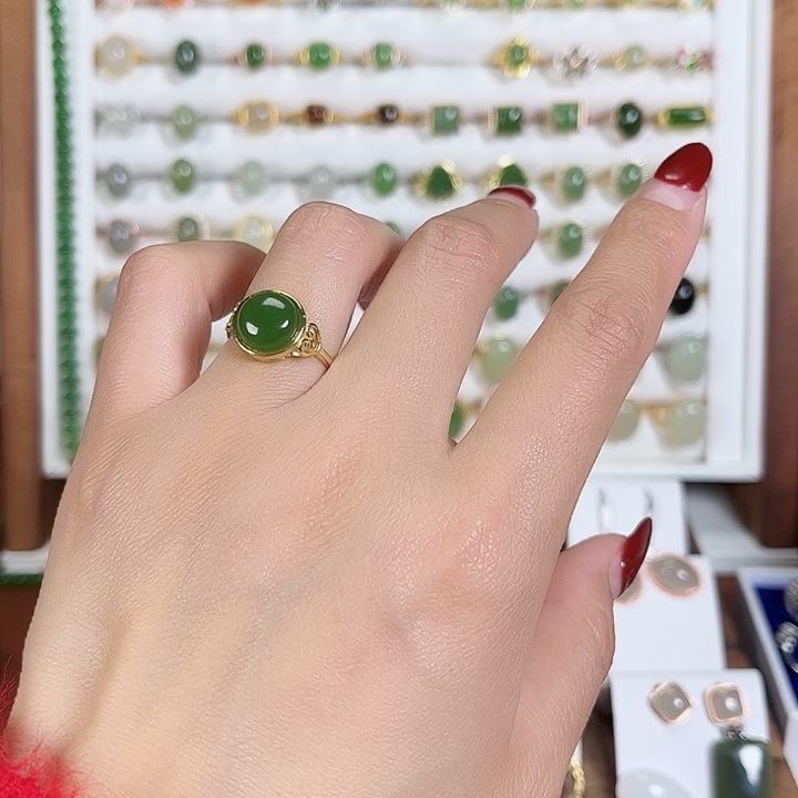 和田玉戒指银S925镀金镶嵌