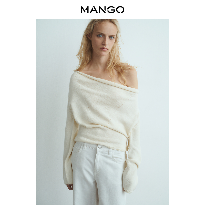 MANGO女装毛针织衫2025秋装新款气质宽松荡领羊毛混纺针织上衣