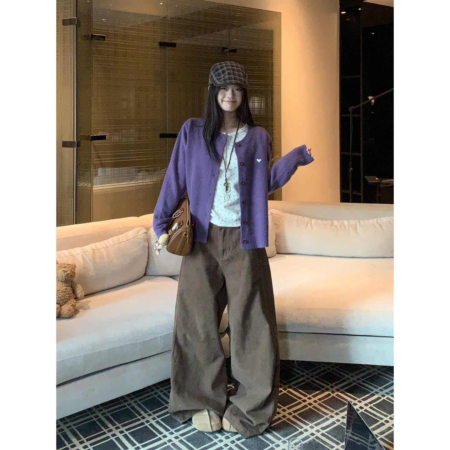 宋正恩【歪歪大侠同款】新品上新秋冬咖色休闲弯刀洗水棉裤AA82817