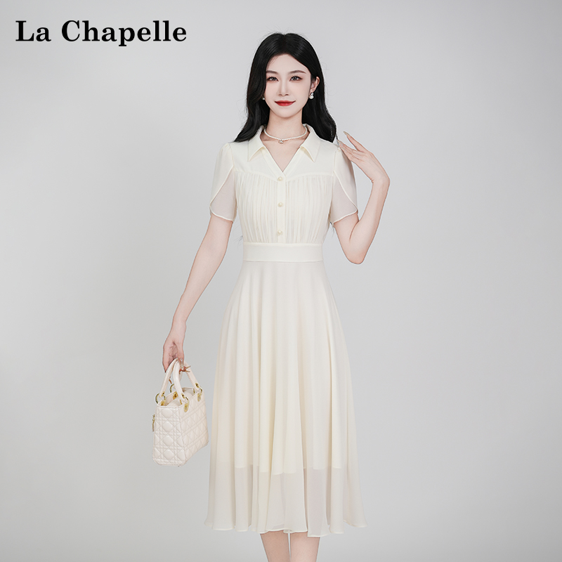 【拉夏贝尔】夏季法式设计感显瘦松紧腰短袖连衣裙