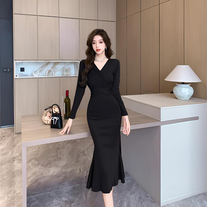 御姐风辣妹性感V领系带收腰长裙秋季新款紧身显瘦包臀鱼尾连衣裙