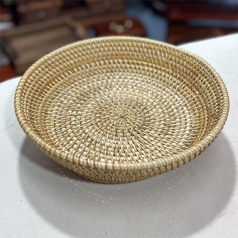 植物真藤酒杯脚圆形果篮托盘盘子镂空编织水果盘零食篮24*7cm