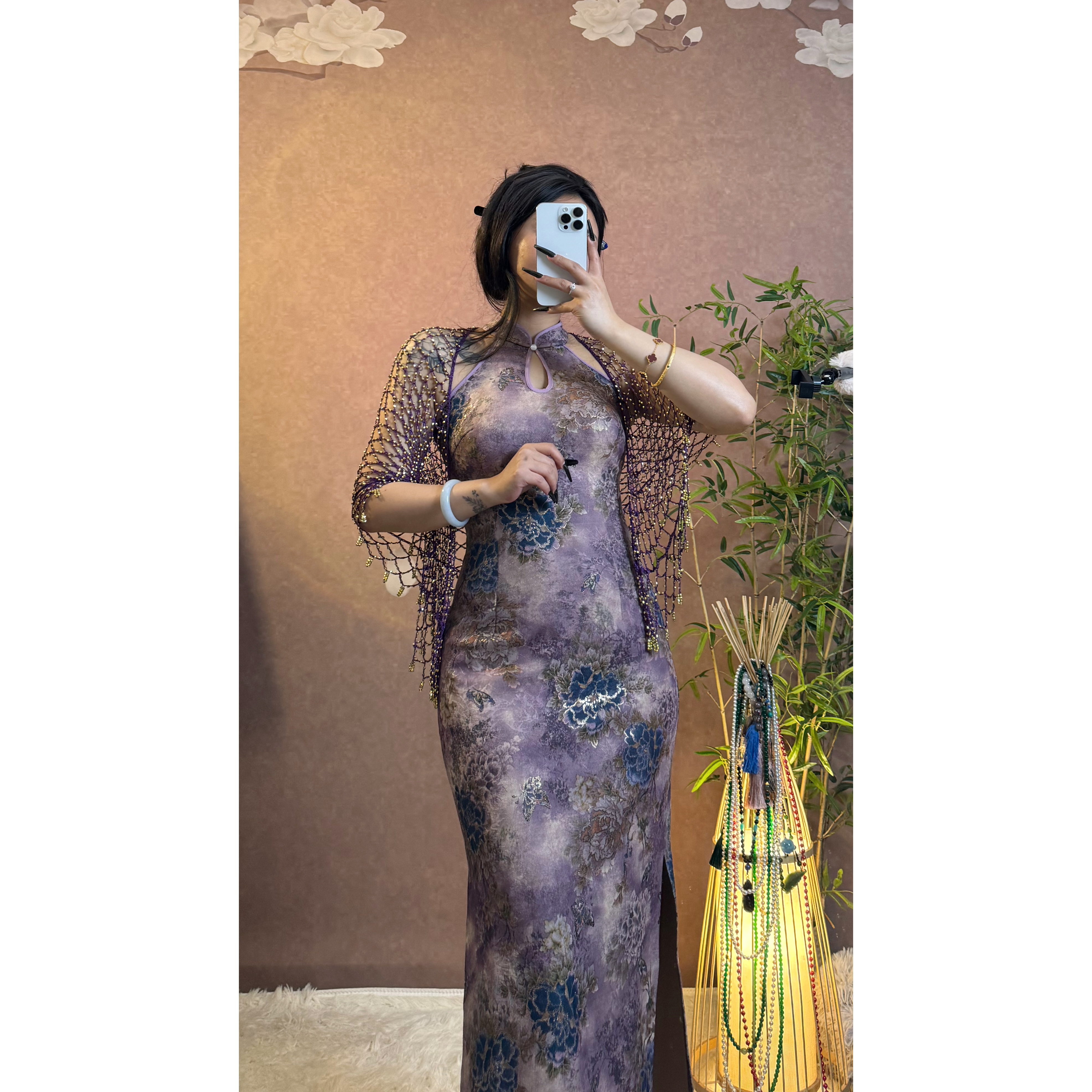 四月芳菲【紫】针织提花面料高弹修身显瘦烫金花挖肩新中式旗袍