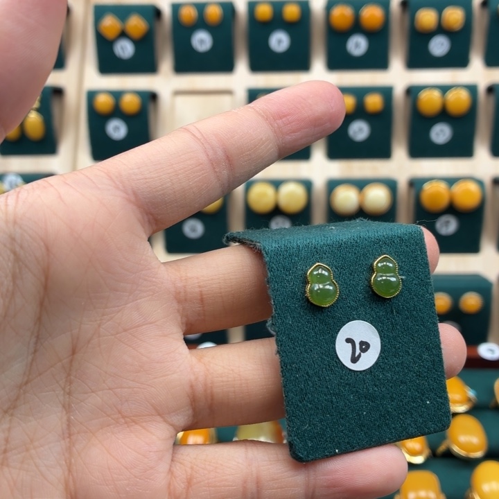 琥珀银S925镶嵌耳饰金色托