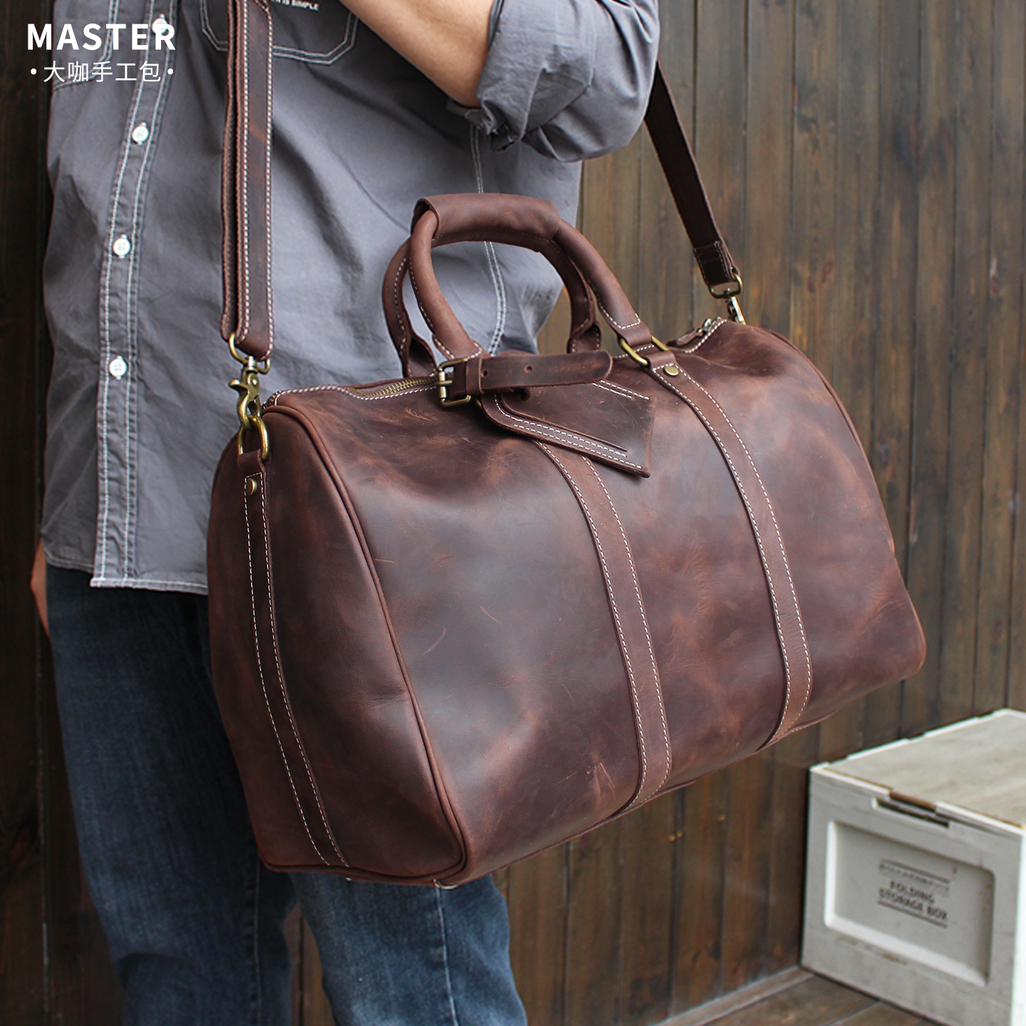 疯马牛皮真皮小号旅行包复古男女手提行李包健身包电脑单肩包飞机