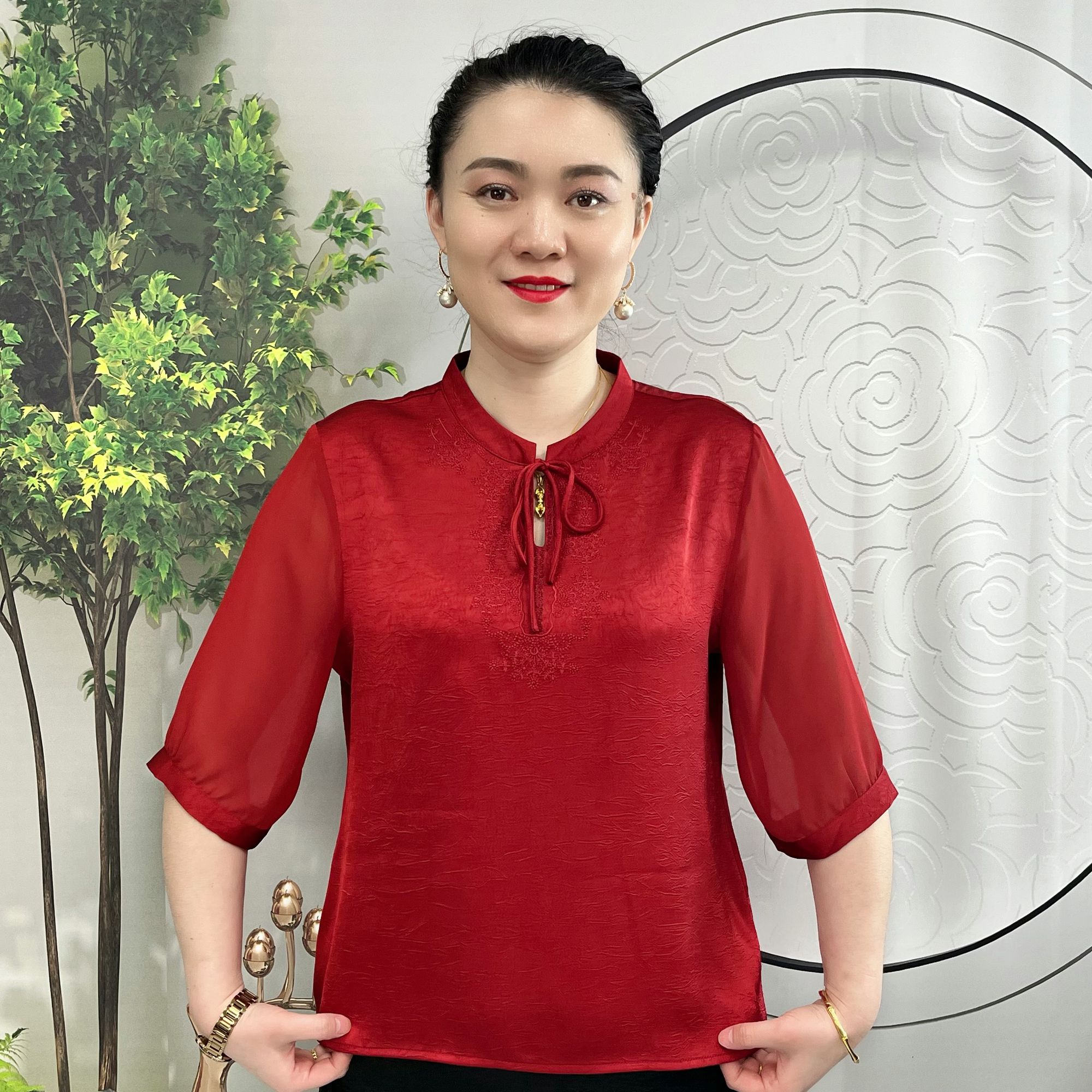 浮光掠影  纯色中老年时尚百搭气质显瘦夏季中袖中老年女装