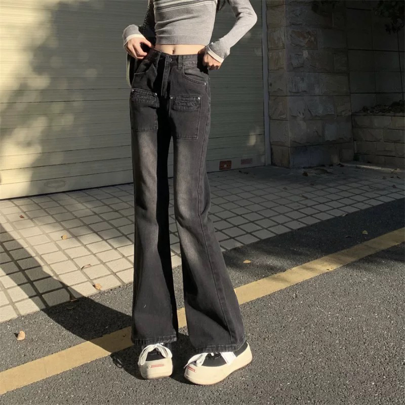 秋季新款韩版百搭高腰微喇叭黑灰色牛仔裤女
