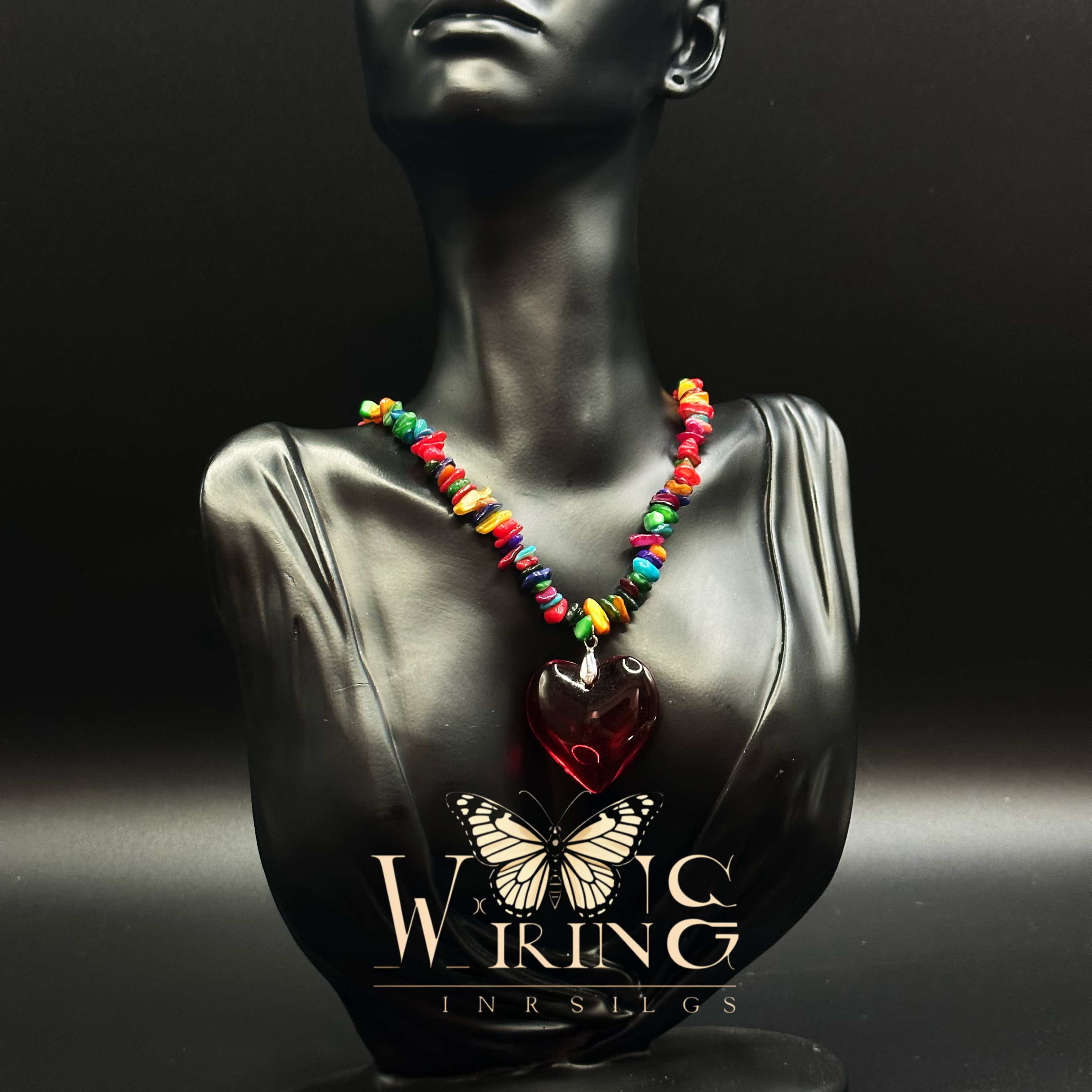 铜树脂项链 王大嘴原创 “彩石红心”春日限定彩虹碎石爱心项链A443