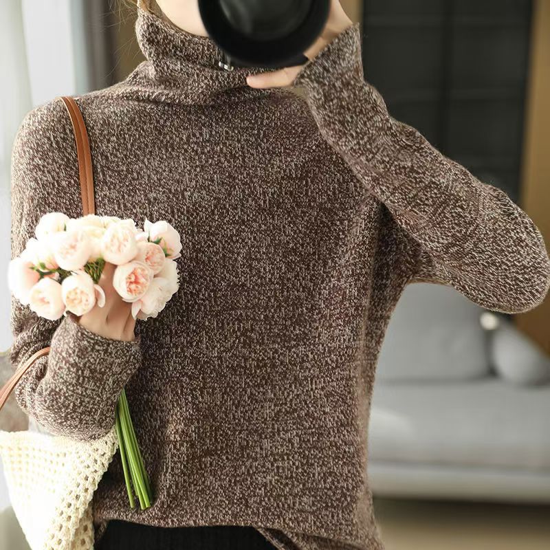 高端秋冬100%纯羊毛衫女堆堆领打底衫花纱针织衫宽松毛衣显瘦上衣