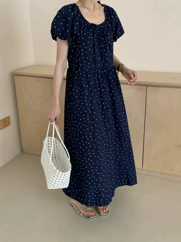 夏季新款法式泡泡袖碎花收腰显瘦气质女性长裙