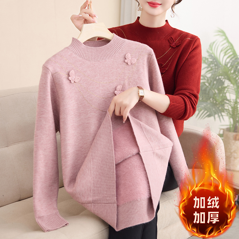 加绒加厚针织钉珠毛衣秋冬新款中年妈妈时尚保暖立体蝴蝶宽松上衣