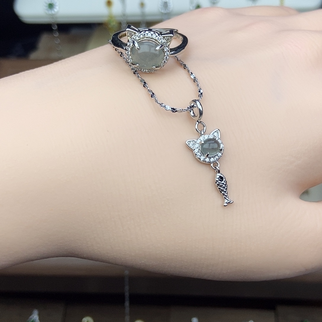 翡翠银S925镶嵌套链乌鸡小猫